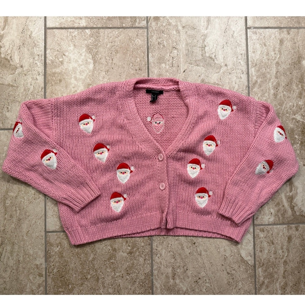 Forever 21 Pink Santa Claus Embroidered Cropped Knit Cardigan Sweater Small